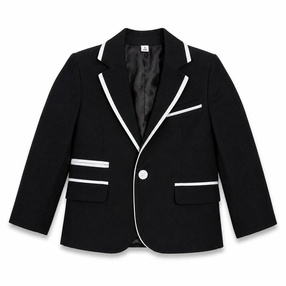 Kids Black White Contrast Trim Blazer Jacket shoulder pads single button Size 4Y